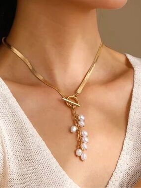 Gold Toggle Necklace with White Pearl Drop